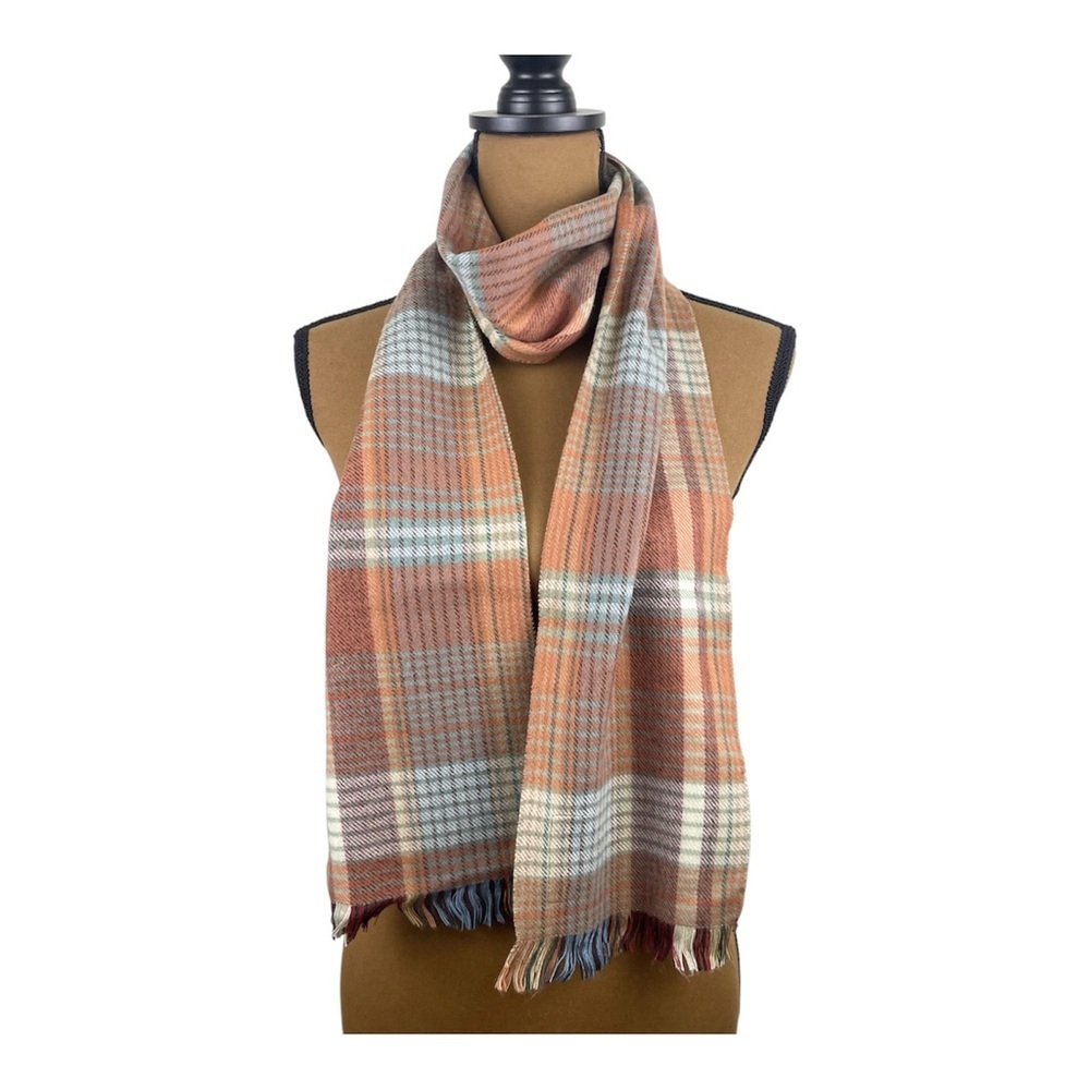 Vintage Soft Plaid Fringed Winter Scarf Warm Brown / Taupe / Blue 68x7